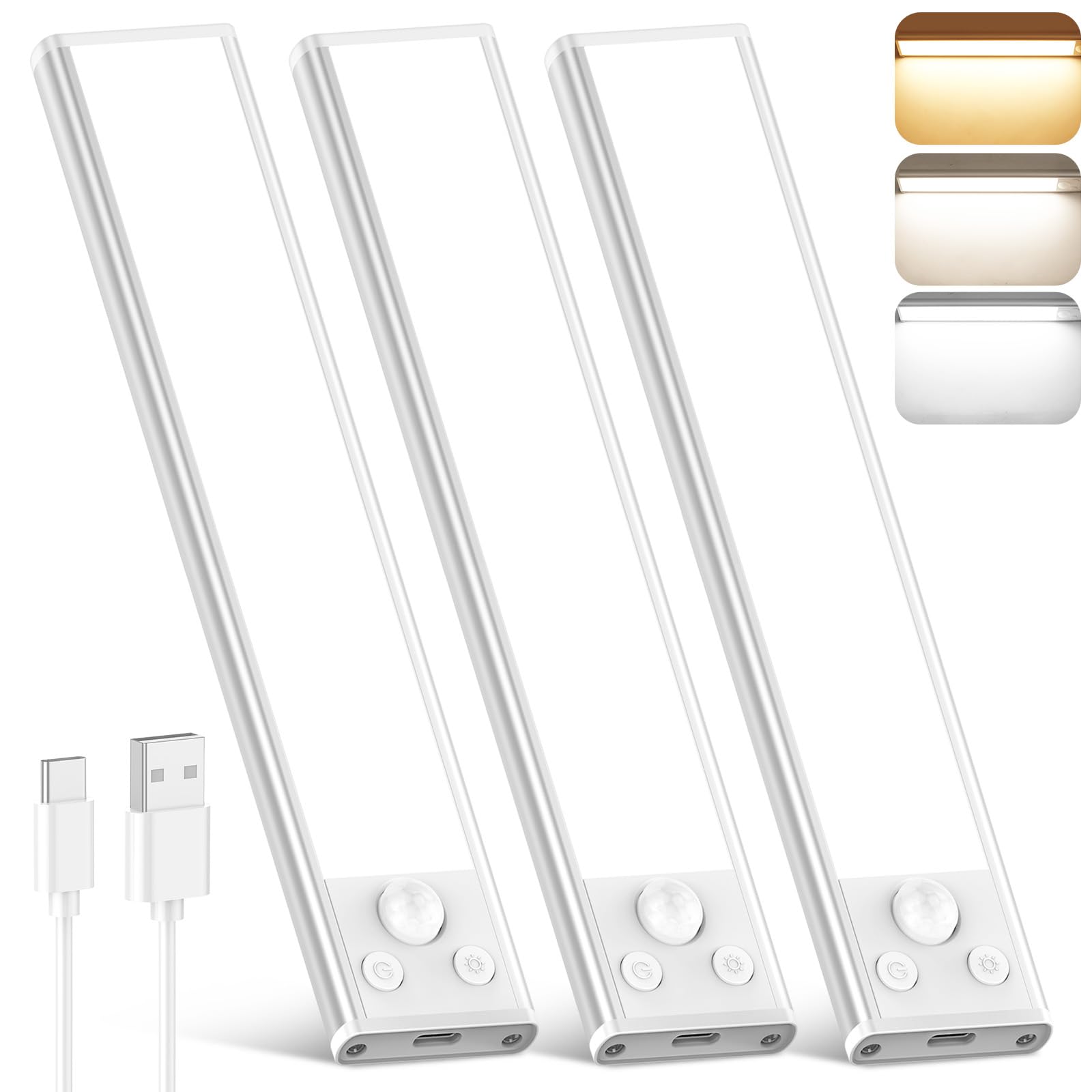 Under Cabinet Lights, 2200mAh Rechargeable Battery Operated Motion Sensor Lights Indoor, Wireless Dimmable Closet Lights, 3 Color 68-LED Under Counter Magnetic Night Lights for Kitchen, Stair, 3 Packs