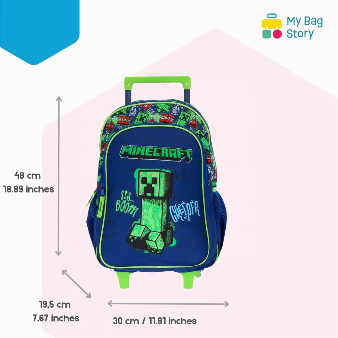 mybagstory | Zaino con ruote Minecraft | 2 scomparti | Verde | Borsa scuola Creeper Boom 48 cm con tasche laterali in rete e robusto sistema trolley ideale per la scuola elementare.