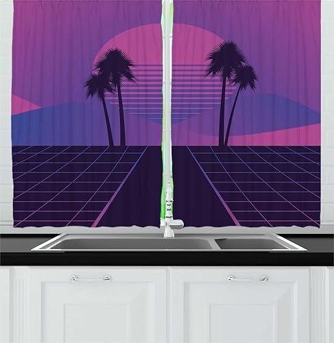 Ambesonne Synthwave Long Kitchen Curtains, Abstract 80's Dreamy Art Sunset Palm Trees and Checks Illustration, Two Panels Drapes with Rod Pocket disponible en Yaxa Costa Rica