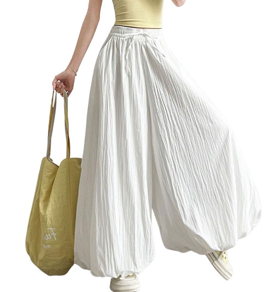 chouyatou Womens Y2k Wide Leg Bubble Pants Puffy Balloon Culottes Drawstring Baggy Palazzo Pants with Pockets