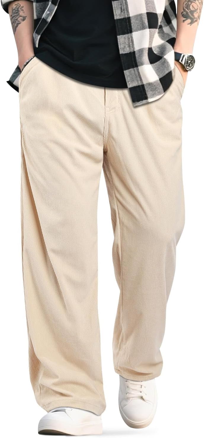 Mens Baggy Corduroy Pants Vintage Casual Pants for Men with Belt Loop