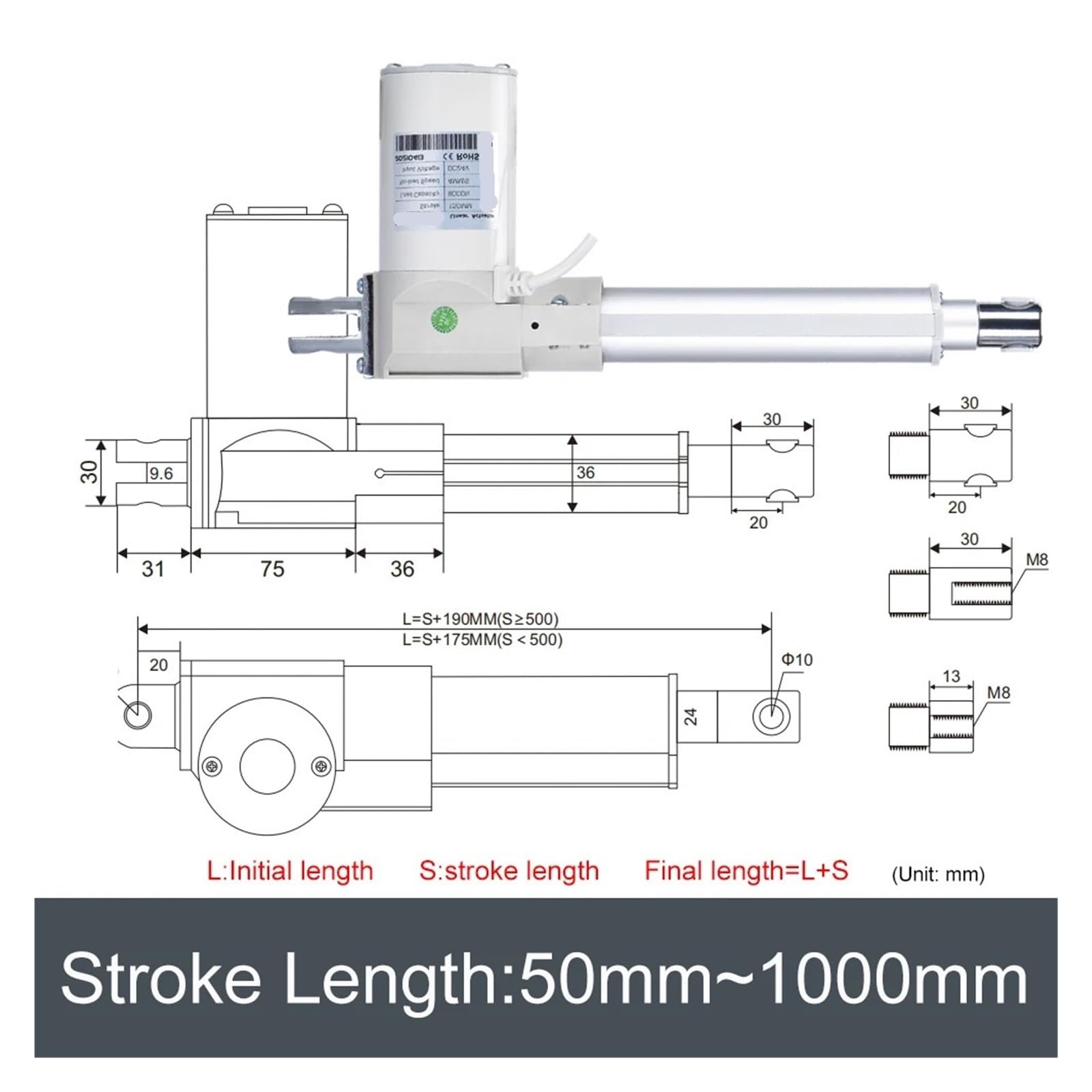 Siłownik liniowy 8000N DC24V, skok 50 mm-1000 mm, prędkość 3,3 mm/S-25 mm/s, niski poziom hałasu 25 dB, rura ze stali nierdzewnej i aluminium, nośność 80 kg - 800 kg