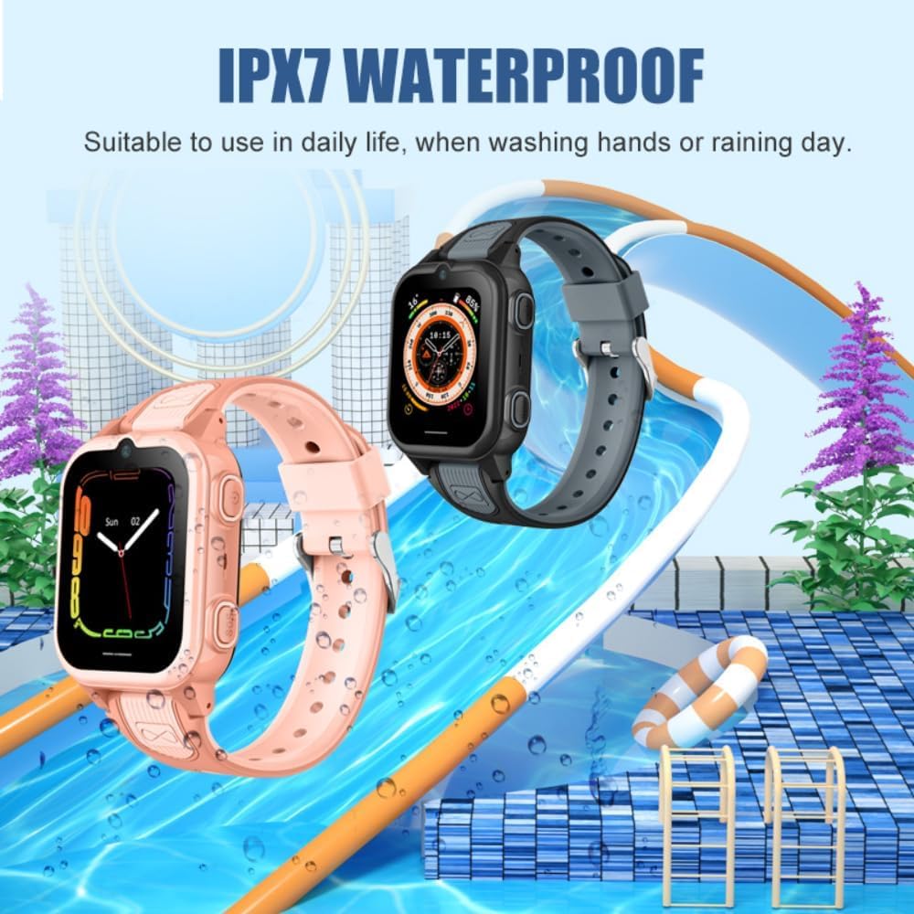Winnes Reloj Inteligente 4G para niños, posicionamiento GPS, videollamada bidireccional, SOS, Modo Escolar, Resistente al Agua IPX, cámara, Despertador, Regalo para niñas y niños (Pink)