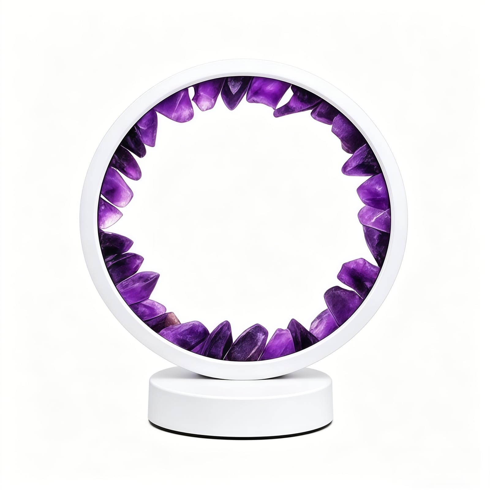 Amethyst Crystal Night Light, 8.6 Inch Natural Healing Bedside Lamp, USB Powered, 3 Colour Dimmable LED Lamp for Bedroom Living Room Office Home Decor,Decor Ideal Gift (White Round Dark Amethyst)