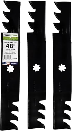 MaxPower 561812XB Juego de 3 cuchillas comerciales 3-N-1 para cortacéspedes John Deere de 48 pulgadas. Reemplaza al OEM no. GX21784, GX21786, GY20852