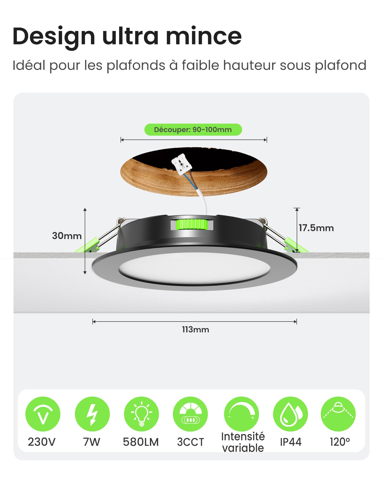 ALUSSO LED Spot Encastrable Extra Plat 7W 510 Lumen Noir Dimmable 3000K-6500K 230V Lot de 12