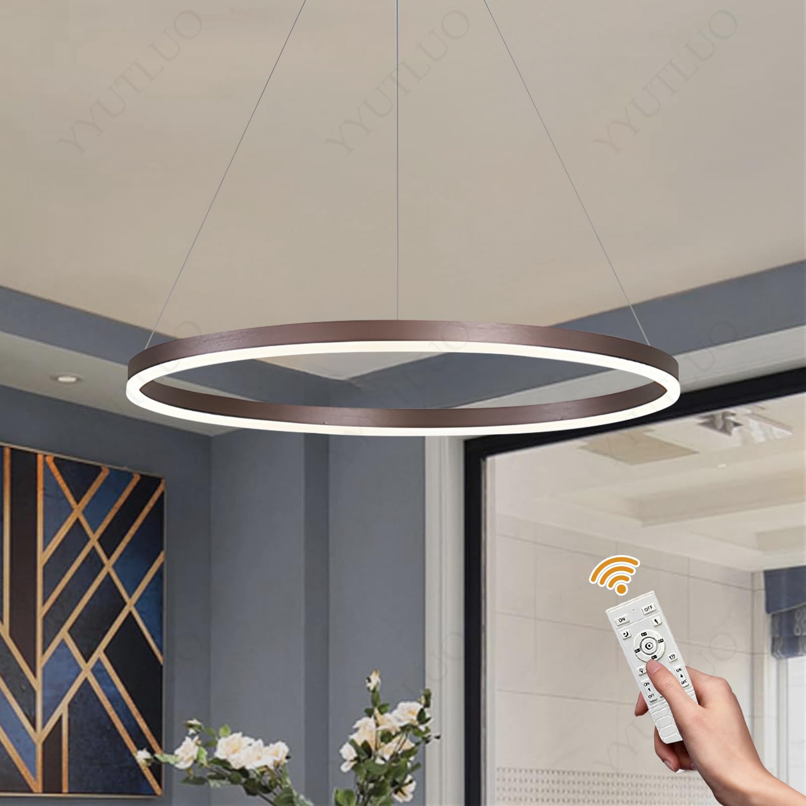 YYUTLUO Modern DIY Circle LED Chandelier | 1 Brown Rings:40cm=23W | Metal + Acrylic LED Pendant Lighting, 2.4G Dimmable Remote Control | Round Ceiling Hanging Lamp, Living Room Bedroom — image 1