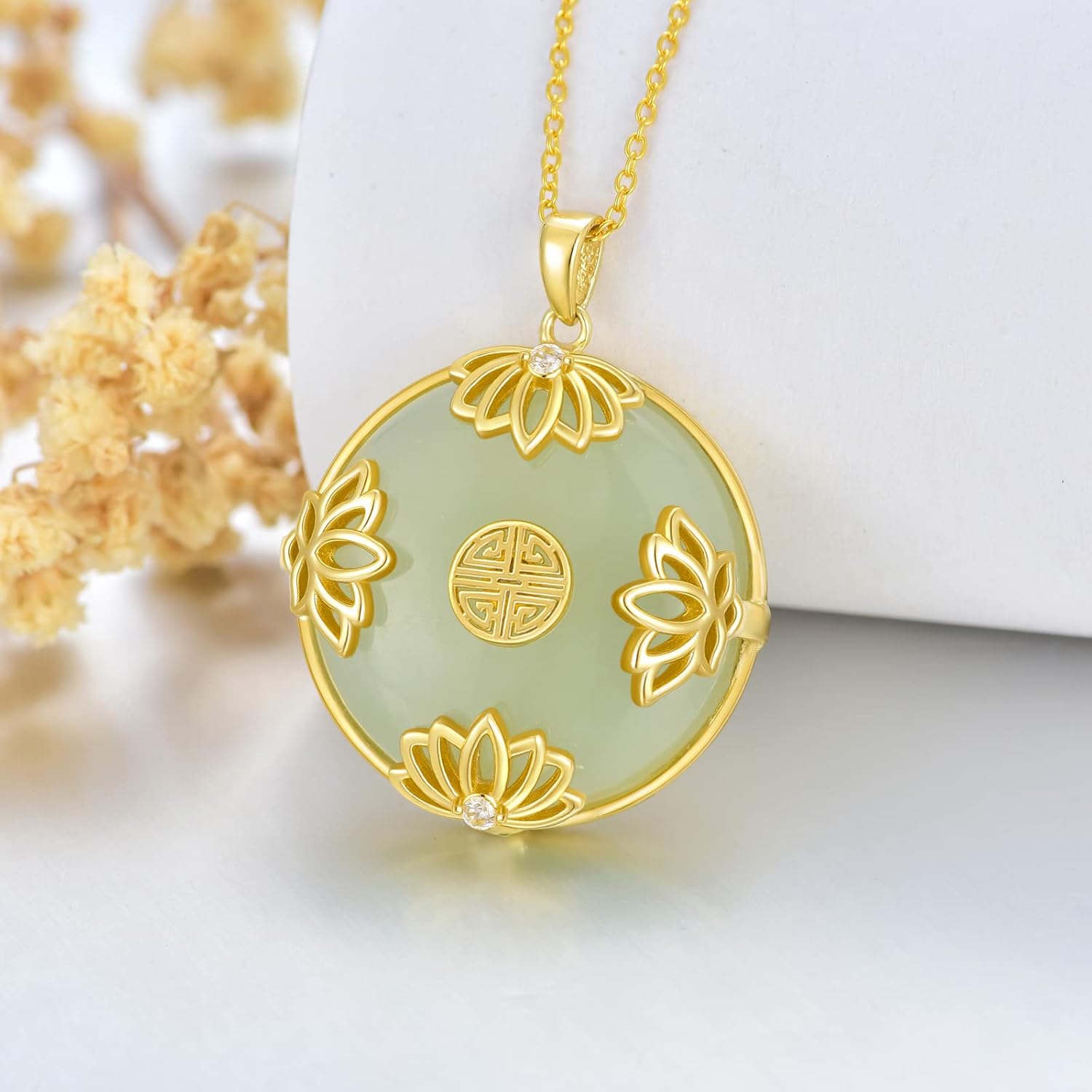 Jade Lotus Necklace for Women 14k Gold Plated Sterling Silver Natural Jade Good Fortune Jewelry Valentines Day Birthday Gifts for Women Mom Wife - Image 5