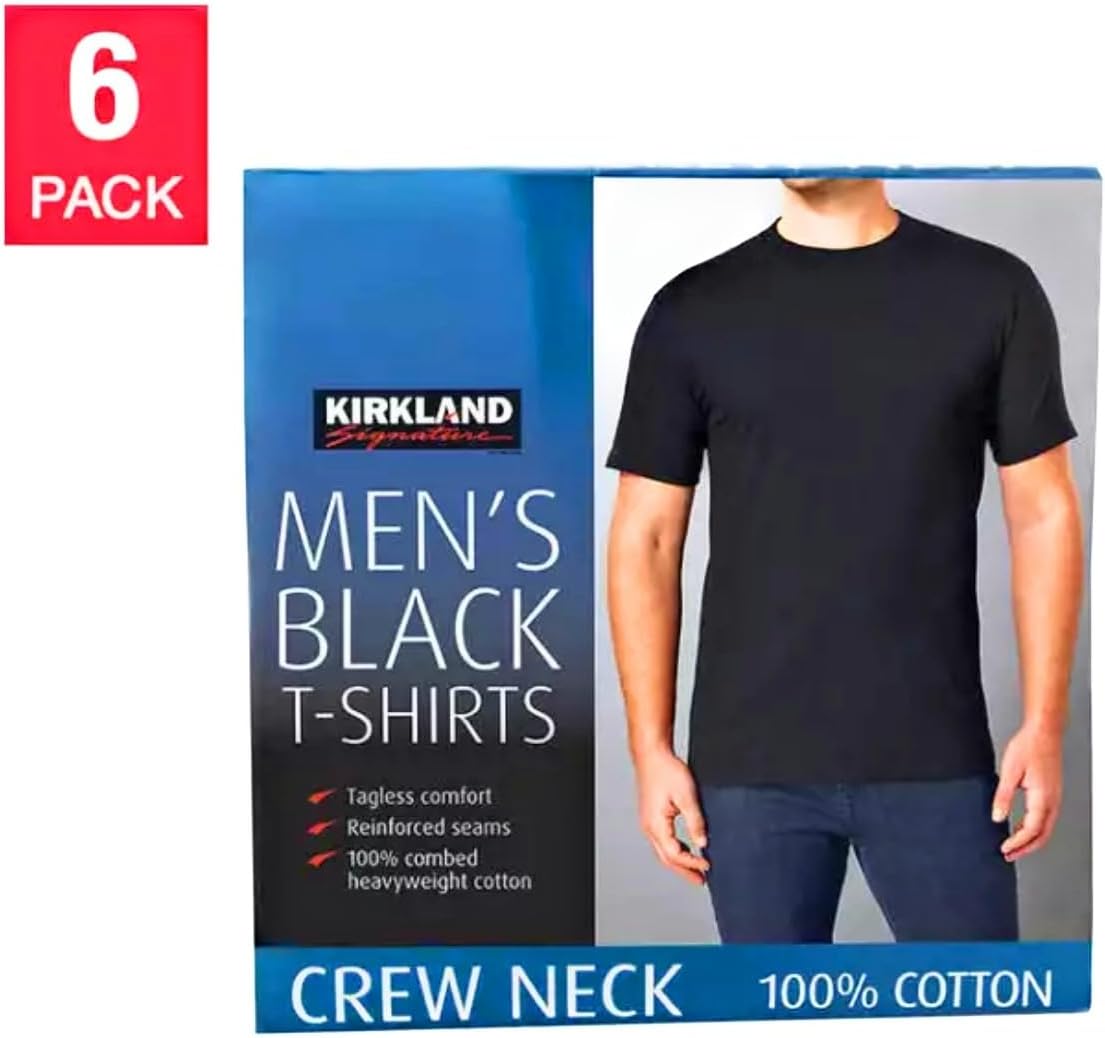 Kirkland Men's Crew Neck White T-Shirts Pack of 6, Black, Medium