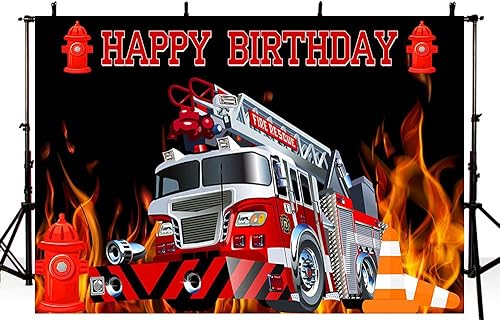 Miniatura 1 de MEHOFOND Telón de fondo de cumpleaños para camión de bomberos de 7 x 5 pies, decoración de fiesta de cumpleaños, accesorios para cabina de fotos,