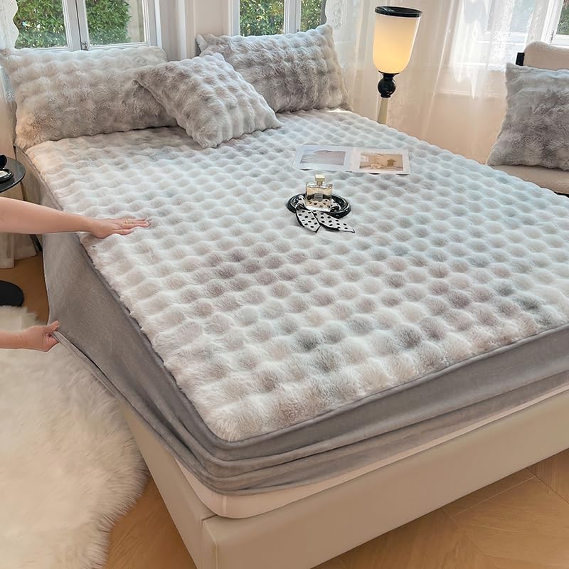 Milk Velvet Checkered Bedding Mattress Cover, Fuzzy Flannel Comfortable Velvet Fitted Sheet 11" Deep Pocket, Ultra Soft Fitted Sheet (Gray, Cal-King 78"x86")