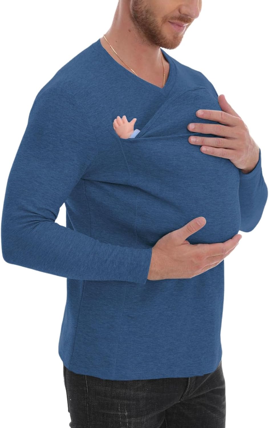 Kangaroo Shirt for Dad and Baby, V-Neck Long Sleeve T-Shirt, Grey, Male, Baby Boys, Modern, Loose Fit - Image 2