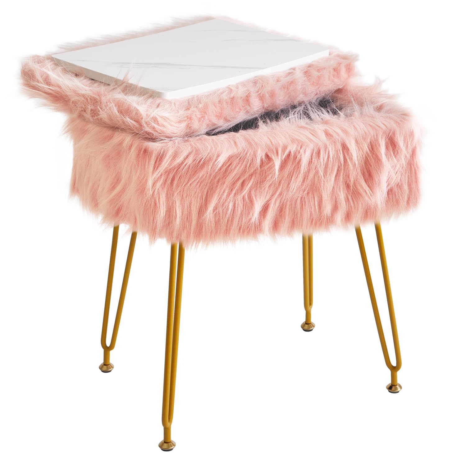 IBUYKE Rectangular Faux Fur Vanity Stool con Almacenamiento, Silla de Maquillaje Peluda otomana, Asiento Acolchado Suave, reposapiés Redondo con 4 Patas de Metal, Rosa WBD022P