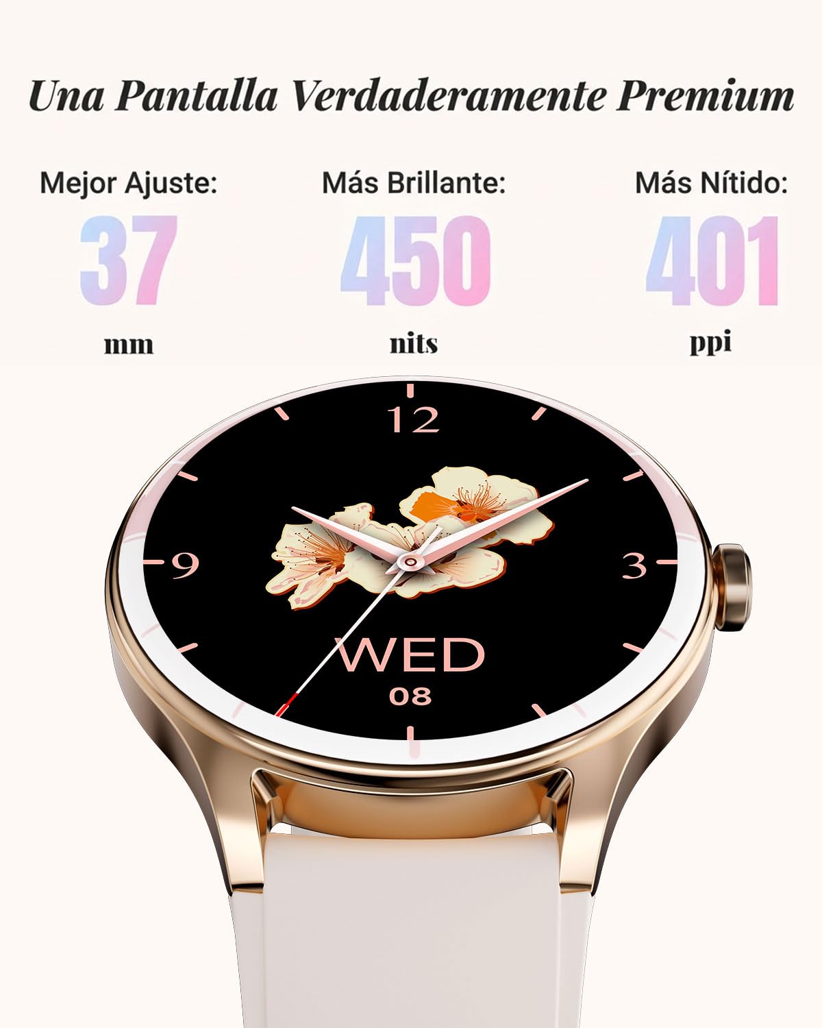 TOOBUR Reloj Inteligente Mujer Redondo, 40 mm Smartwatch Deportivo, Reloj Contador de Pasos Calorias, Compatible Android iOS, Responder Hacer Llamadas, Reloj Mujer Salud, IP68 Waterproof, Beige