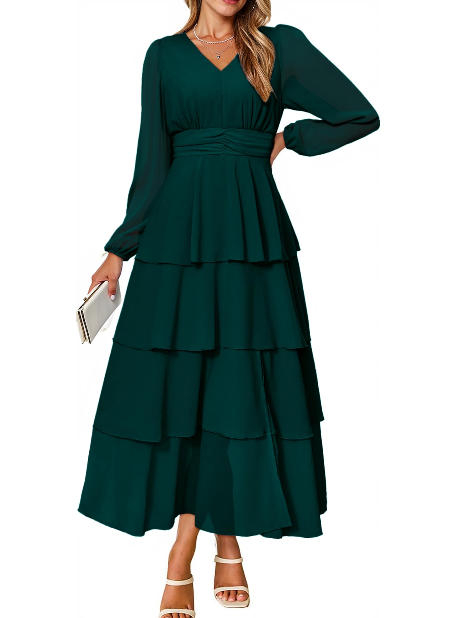 BerryGo Womens Flowy Maxi Dress Chiffon Long Sleeve Slit V Neck Casual Ruffle Tiered Boho Fall Wedding Guest