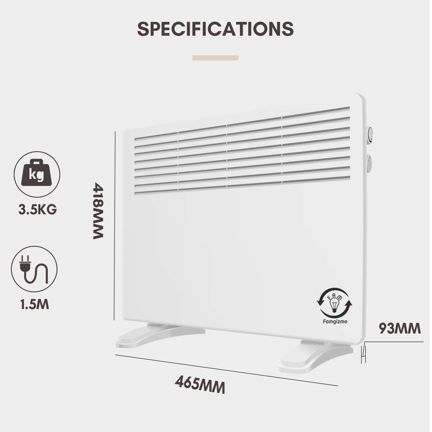 fam famgizmo 1200W Electric Wall Mounted Convector Panel Heater
