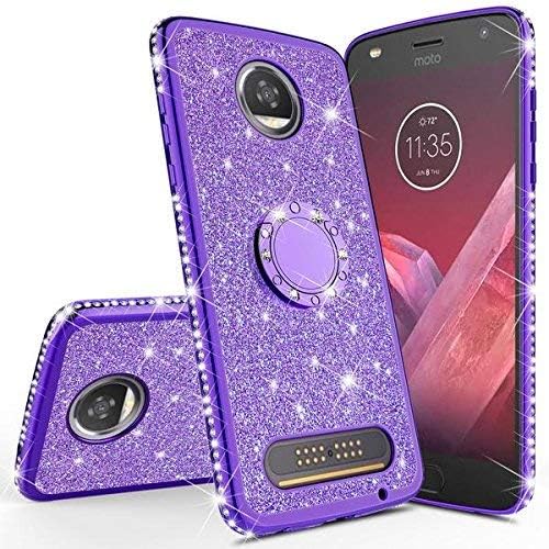 Moto Z2 Play Case/Moto Z2 Force Case, Glitter Cute Phone Case Ring Kickstand Bling Diamond Rhinestone Bumper Sparkly Clear Protective for Girls Women for Motorola Z2 Force/Z2 Play - Purple