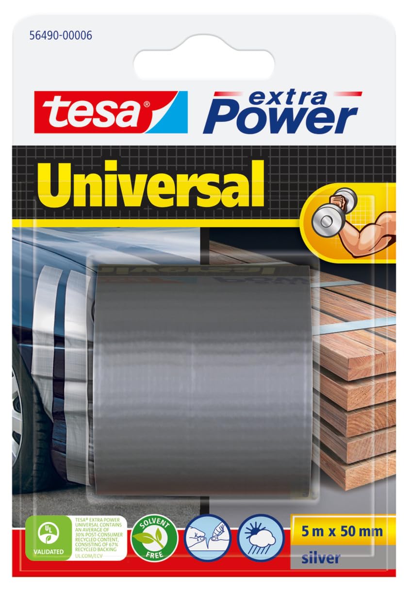 tesa Extra Power Universal, Cinta Adhesiva Americana Reforzada para Reparar, Fijar, Agrupar, Reforzar o Sellar, Gris, 5 m x 50 mm
