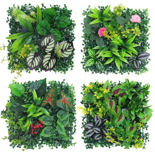 AQCQDQ Pflanzenwand Outdoor, 4 Stück Kunstpflanzen Wand, 25 x 25 cm Künstliche Pflanzen Deko für Wand, Balkon & Garten (Hybrid 01)