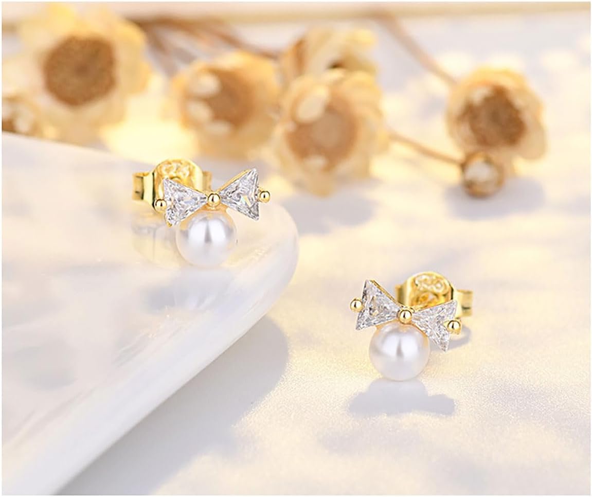 Gold Bow Stud Earrings Cute Pearl Rhinestones 14K Gold Plated Dangle Drop Bow Earrings for Women Dainty Jewelry Gifts - Image 6