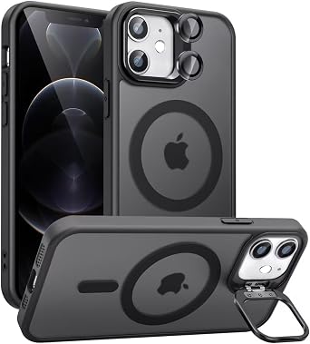 Magnetic for iPhone 12 Case with Stand, Compatible with Magsafe, Military Protection & Camera Lens Protector Translucent Matte Case, Black