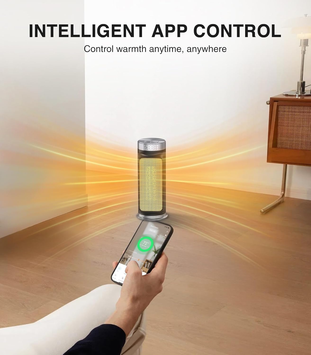 Riscaldatore di spazio elettrico intelligente da 1500 W per spazi interni, controllo WiFi/App, telecomando incluso, timer 24 ore, 5 modalità per casa, ufficio, camera da letto, bagno