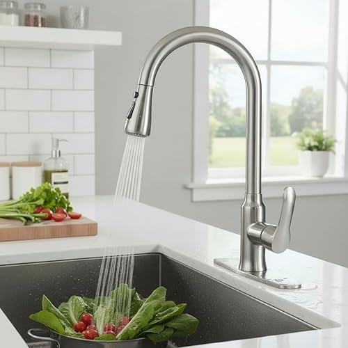 Miniatura 4 de MAKEIN Grifos de cocina con rociador extraíble, grifo de fregadero de cocina de arco alto de una sola manija, níquel cepillado, grifo de fregadero