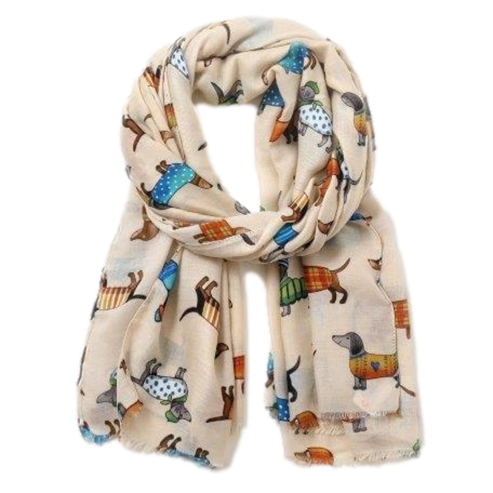 Purple Possum Women's Cream Purple Possum® Dachshund Scarf Sausage Dogs Wrap Cute Dog Print Lightweight Cotton Blend Shawl (Cream)