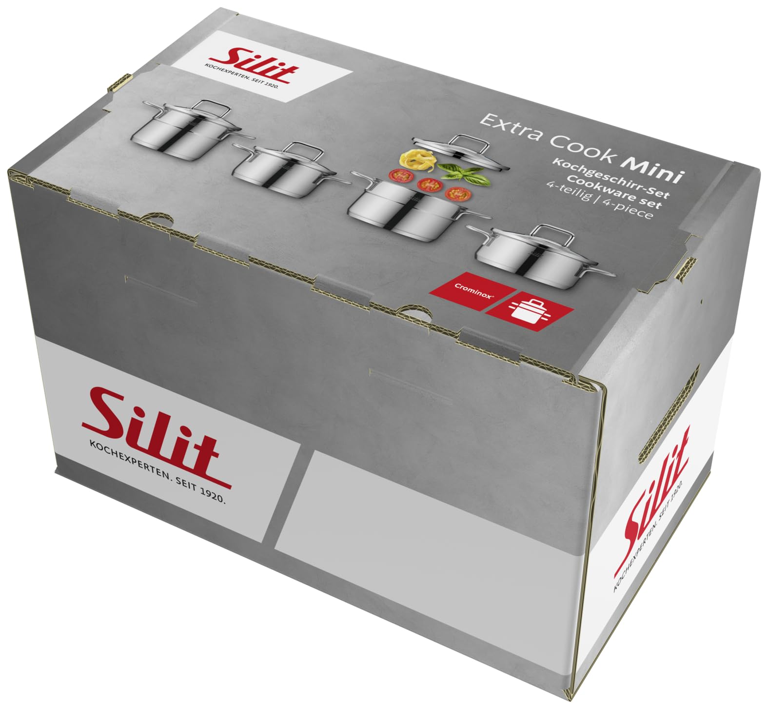 Silit Extra Cook Kochgeschirr-Set 4-teilig, Kochtöpfe 12/14 cm mit Glasdeckel, Innenskalierung, breiter Schüttrand, Crominox-Edelstahl, kleine Portionen, platzsparend stapelbar, tropffrei