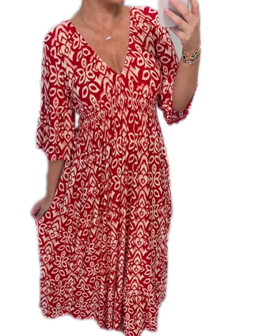 Chvity Boho Women's Summer V Neck Elastic Waist Pleated Half Sleeve Dress Floral Printed Ruffle Hem Dresses