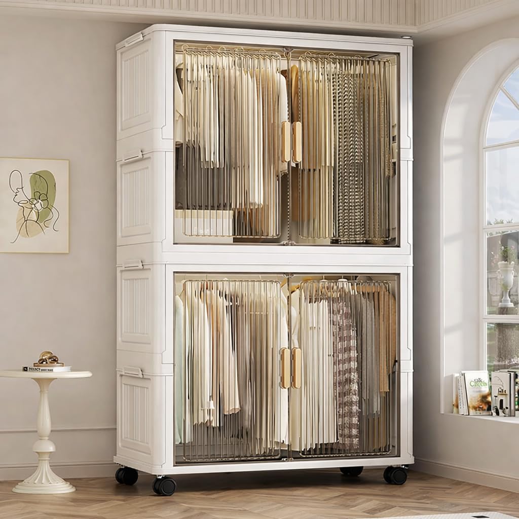 EXVITO Modular Plastic Wardrobe for Bedroom | 2 Bins Foldable Cupboard with Hanging Rod | Stackable Storage Almirah for Clothes with Wheels | Multi-Layer Plastic Storage Cabinet-(Off-White)