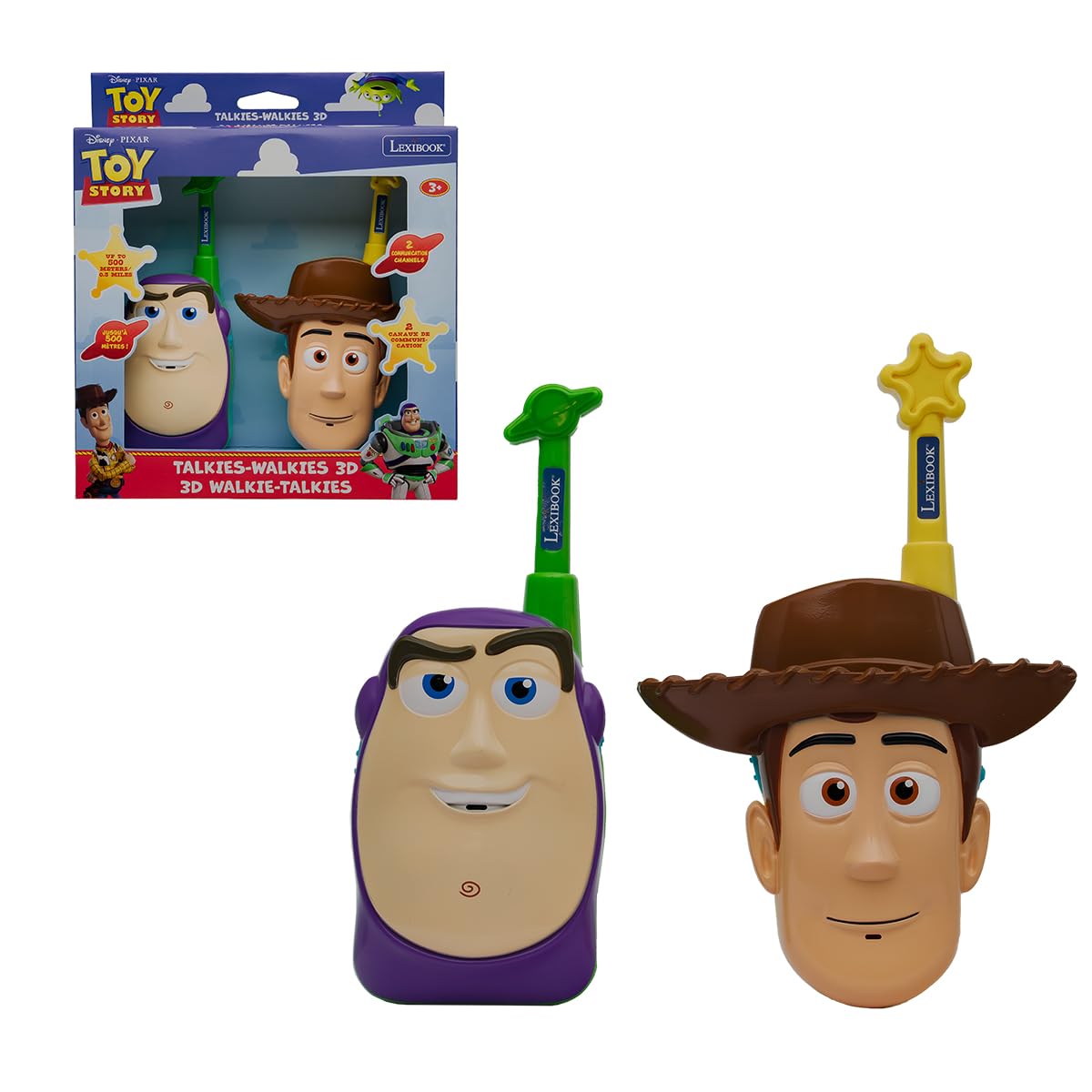 Lexibook, Disney Toy Story 3D Walkie‑Talkies, Buzz Lightyear & Woody Design, Up to 500 m Range, Dual Channels, Belt Clip, Green/Yellow, TW18TS