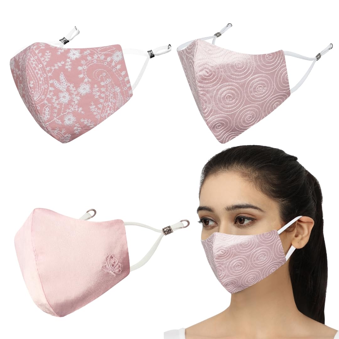 MASQ By Q-One Pink Combo 4 Layer, Reusable, with Ear Adjusters, Anti-Bacterial - BFE>99% Embroidered Cotton Cloth Face Mask For Women's, Girl's (Pink) - Pack of 3.