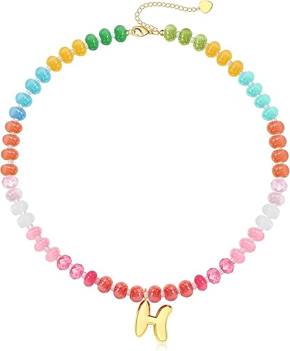 Initial Necklaces for Women, Beaded Necklaces for Women with Bubble Necklace Letter Stocking Stuffers for Teens Trendy Stuff Colorful Gemstone Choker 14k Gold Letter A-Z Pendant Summer Beach Christmas Birthday Jewelry for Her Girlfriend Sister