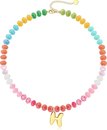 Initial Necklaces for Women, Beaded Necklaces for Women with Bubble Necklace Letter Stocking Stuffers for Teens Trendy Stuff Colorful Gemstone Choker 14k Gold Letter A-Z Pendant Summer Beach Christmas Birthday Jewelry for Her Girlfriend Sister