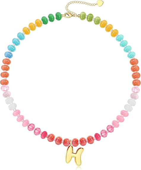 Initial Necklaces for Women, Beaded Necklaces for Women with Bubble Necklace Letter Stocking Stuffers for Teens Trendy Stuff Colorful Gemstone Choker 14k Gold Letter A-Z Pendant Summer Beach Christmas Birthday Jewelry for Her Girlfriend Sister