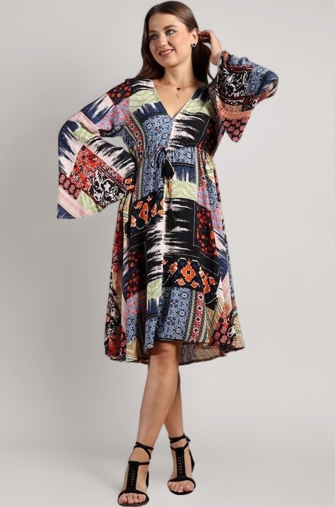 KE KANHA EXPORTS Dress for Woman|Boho Dresses for Women|Beach Wear|Border Print|Adjustable Tassel at Waist|Vacation Boho Casual|Multicolor|Easily fits S-M-L|Bust 32-38 in|Length 40 in