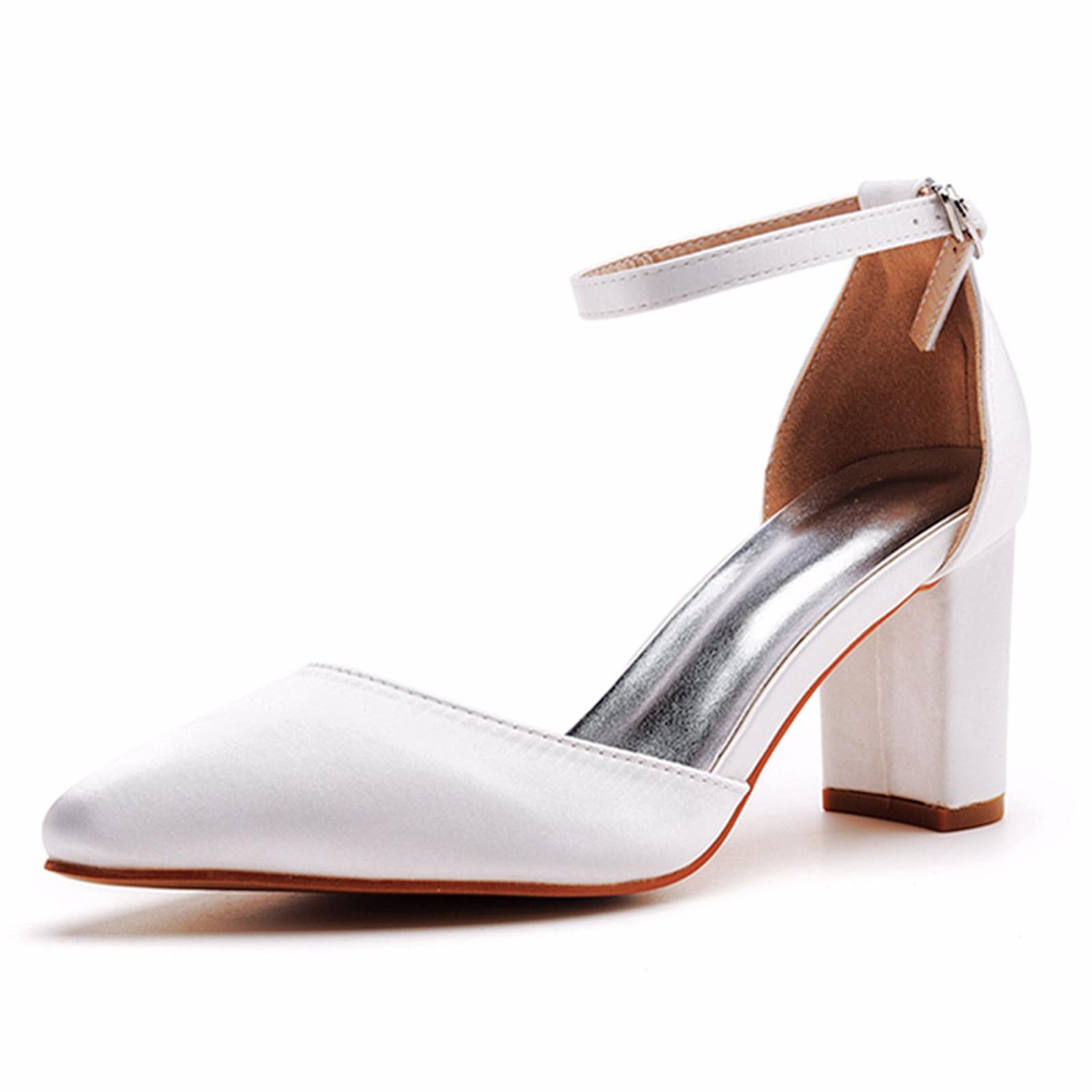 Hochzeitsschuhe Damen Spitz Spangenpumps Seidenoberfläche Braut Blockabsatz Pumps 7Cm