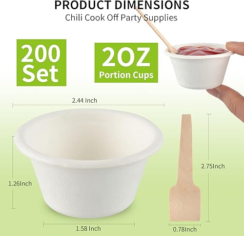 Miniatura 2 de Juego de 200 tazas de porciones de 2 onzas, tazas de papel para soufflé con cucharas de madera, tazas de muestra desechables para chili Cook Off