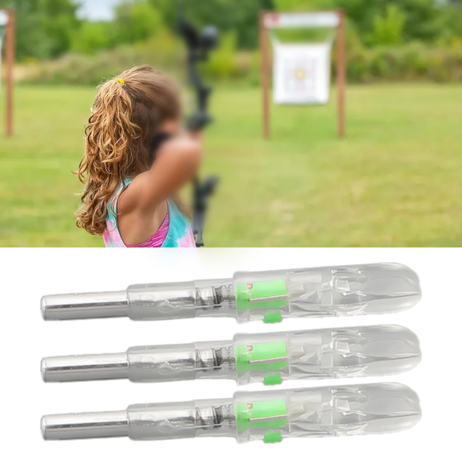 Lot de 3 encoches de flèche lumineuses à LED de 4,2 mm, pour pointes fluorescentes rouge/bleu/vert, pour allumage automatique lors de la prise de vue, batterie longue durée, matériau PE, pour