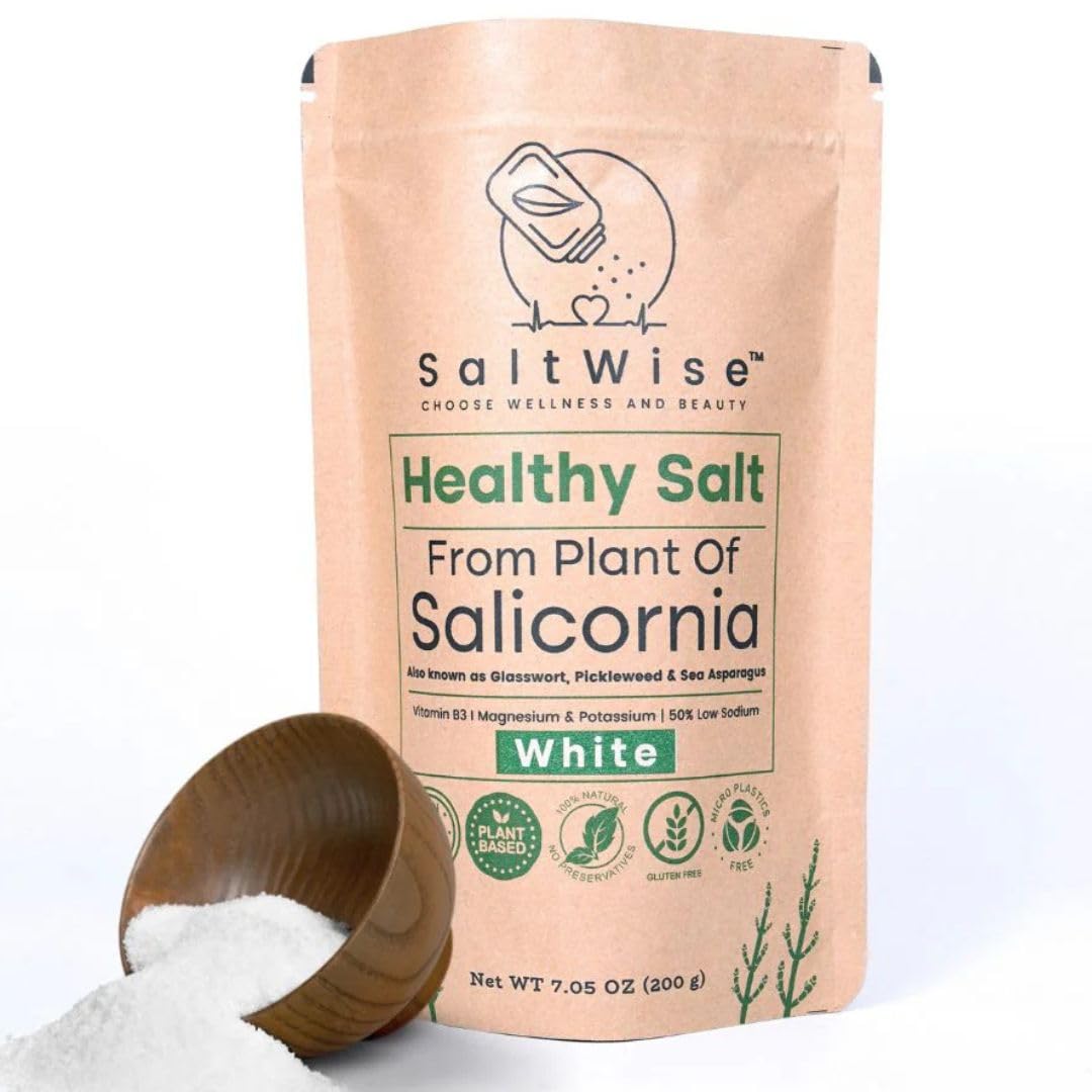 SaltWise Salicornia (Samphire) White Salt | 50% Less Sodium Plant-Based Salt Substitute | Natural Mineral Sea Salt Alternative | Vegan, Non-GMO, No Additives (200g)