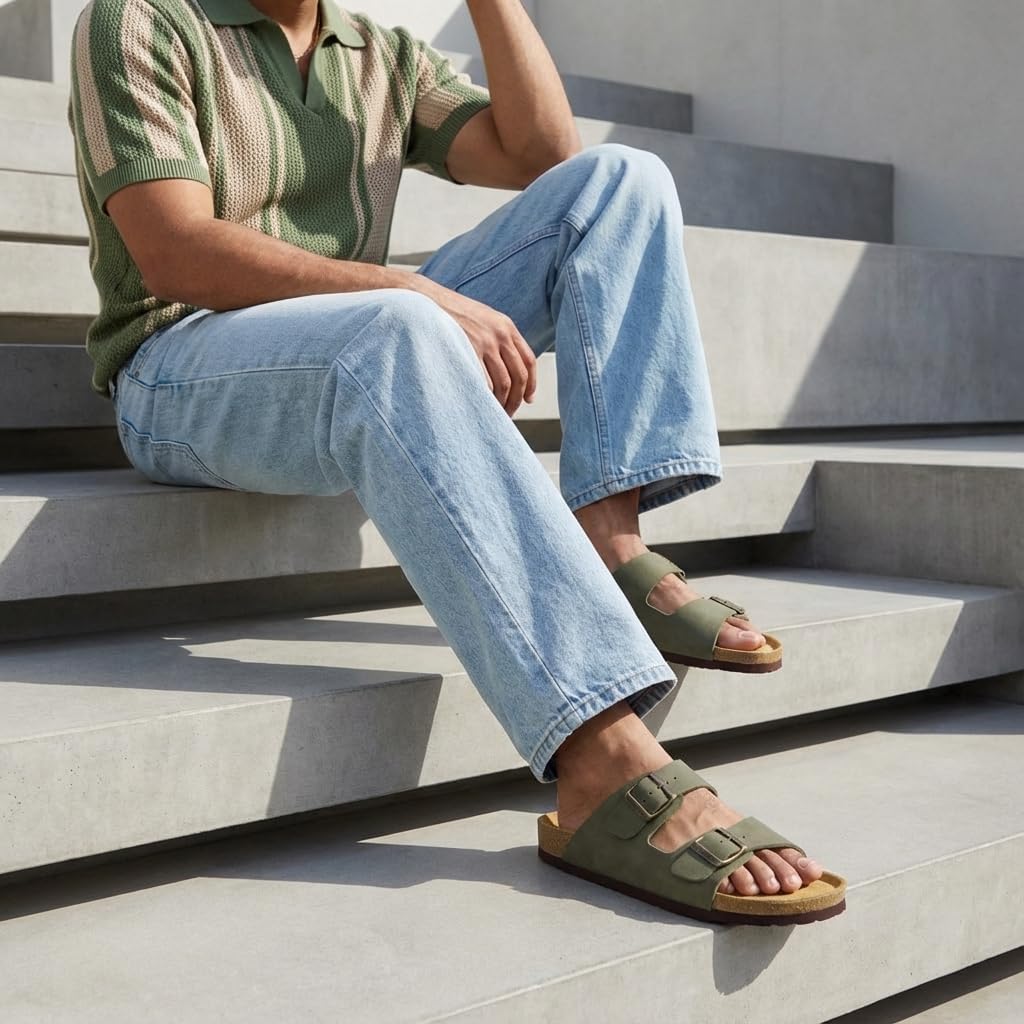 CUSHIONAIRE Lane Cork Footbed Mens Sandals, Adjustable Buckle Comfort Slides for Men, Genuine Leather Insole Summer Sandals Men Footwear