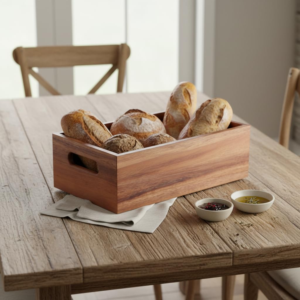 Deconox Akasya Ağacı Ekmeklik & Çok Amaçlı Organizer Kutu – 25x14x8 cm El Yapımı Doğal Ahşap Servis
