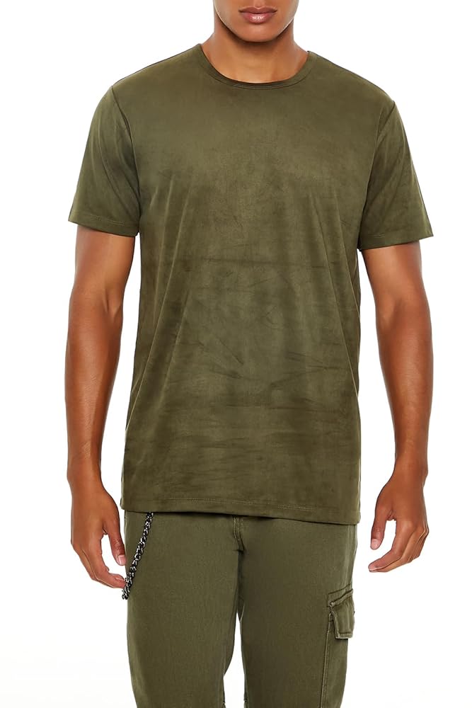 Forever 21 Men's Velour Curved-Hem Tee, Olive, Small