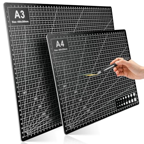 2 Pcs Large Cutting Mat Self Healing,Double Sided,Grid Line And Angles Help To Cut Precisely,Craft Mats for Scrapbooking, Quilting, Sewing and All Arts,Non Slip & Easy Clean ((A3 & A4 Black)