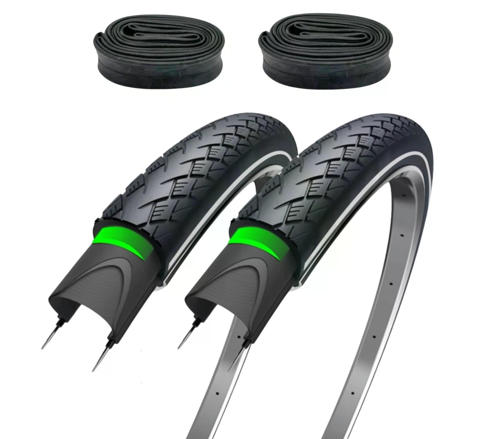 2er Set Fahrradreifen 28x1,75 Zoll 47-622 700x45c 3mm Pannenschutz und Reflexstreifen inklusive Autoventil Schläuchen AV – Trekkingreifen Allround für Citybike Trekkingrad Tourenrad - Schwarz