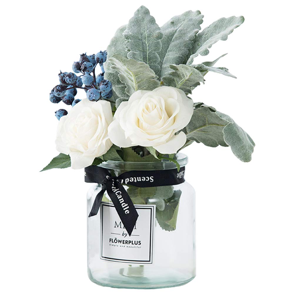 HEBE Artificial Flower with Galss Vase Set of 2 Fake Silk Rose Flower Centerpiece Arrangement in Vase for Home Wedding Desk Christmas Holiday Decoration Ins Style