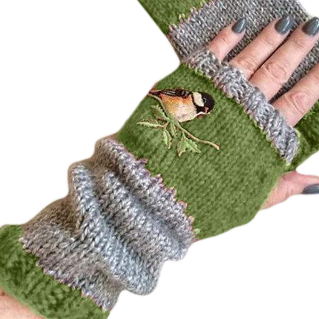 FANJABA Women Winter Knitted Fingerless Gloves Bird Embroidered Half Finger Mittens Outdoor Driving Thumb Hole Arm, green, 24x8cm(9.45x3.15in)