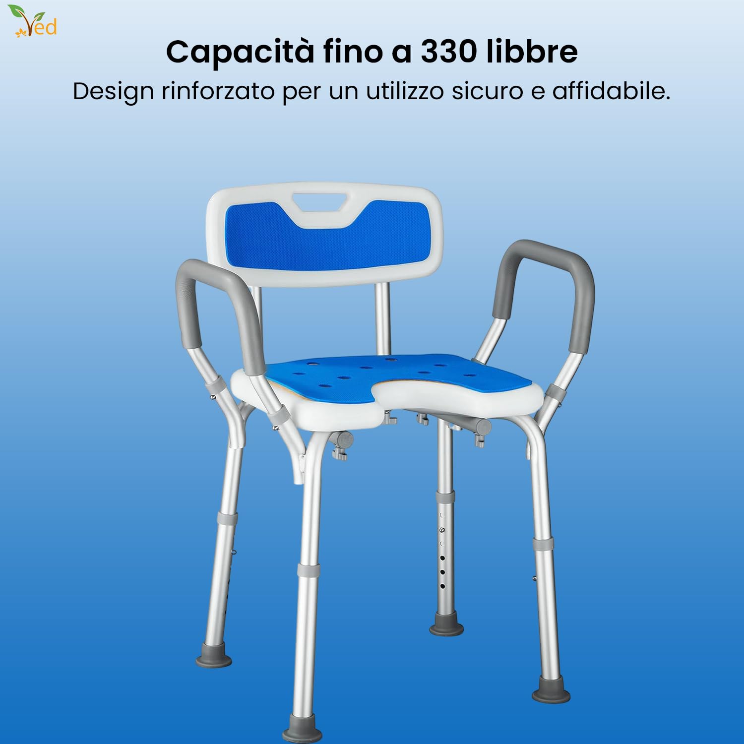 VED Sedia da Doccia a Forma di U con Braccioli e Schienale, Sgabello Regolabile in Altezza 6 Livelli, Antiscivolo per Anziani e Disabili, Capacità di Carico di 330 lb