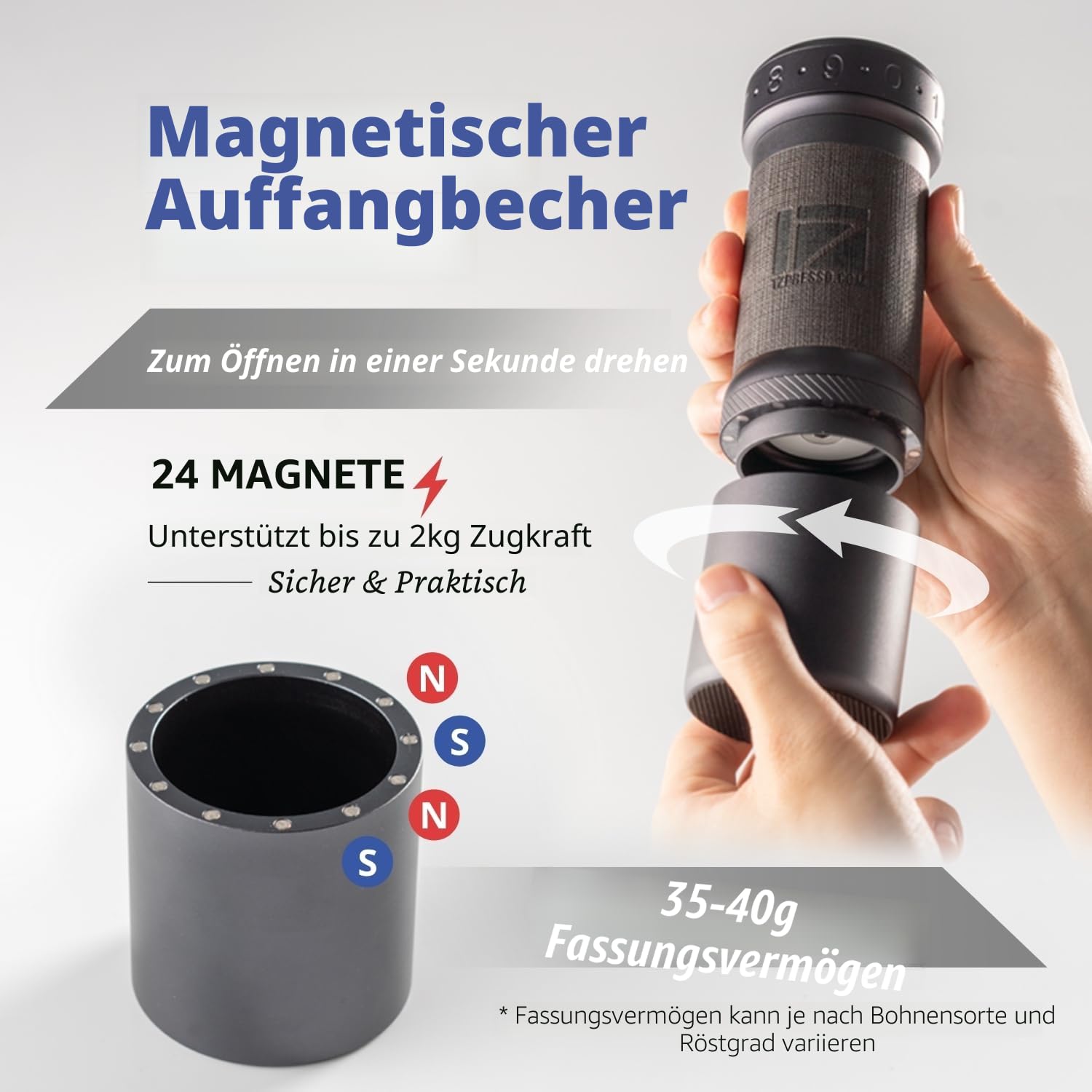 1Zpresso K-Ultra Manuelle Kaffeemühle Eisengrau mit konischen Mahlwerk aus Edelstahl, Intuitive numerische Einstellung, Magnetischer Behälter mit 40g Kapazität